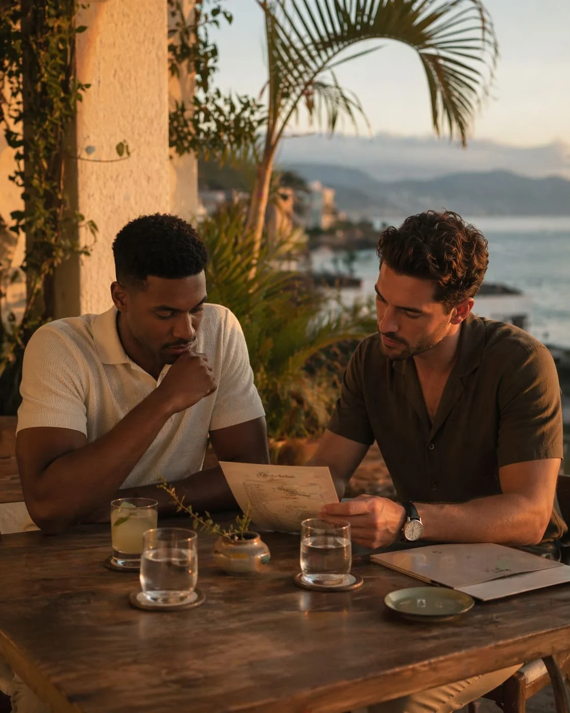 Two stylish men seated at a coastal terrace table, reviewing options together in warm evening light.