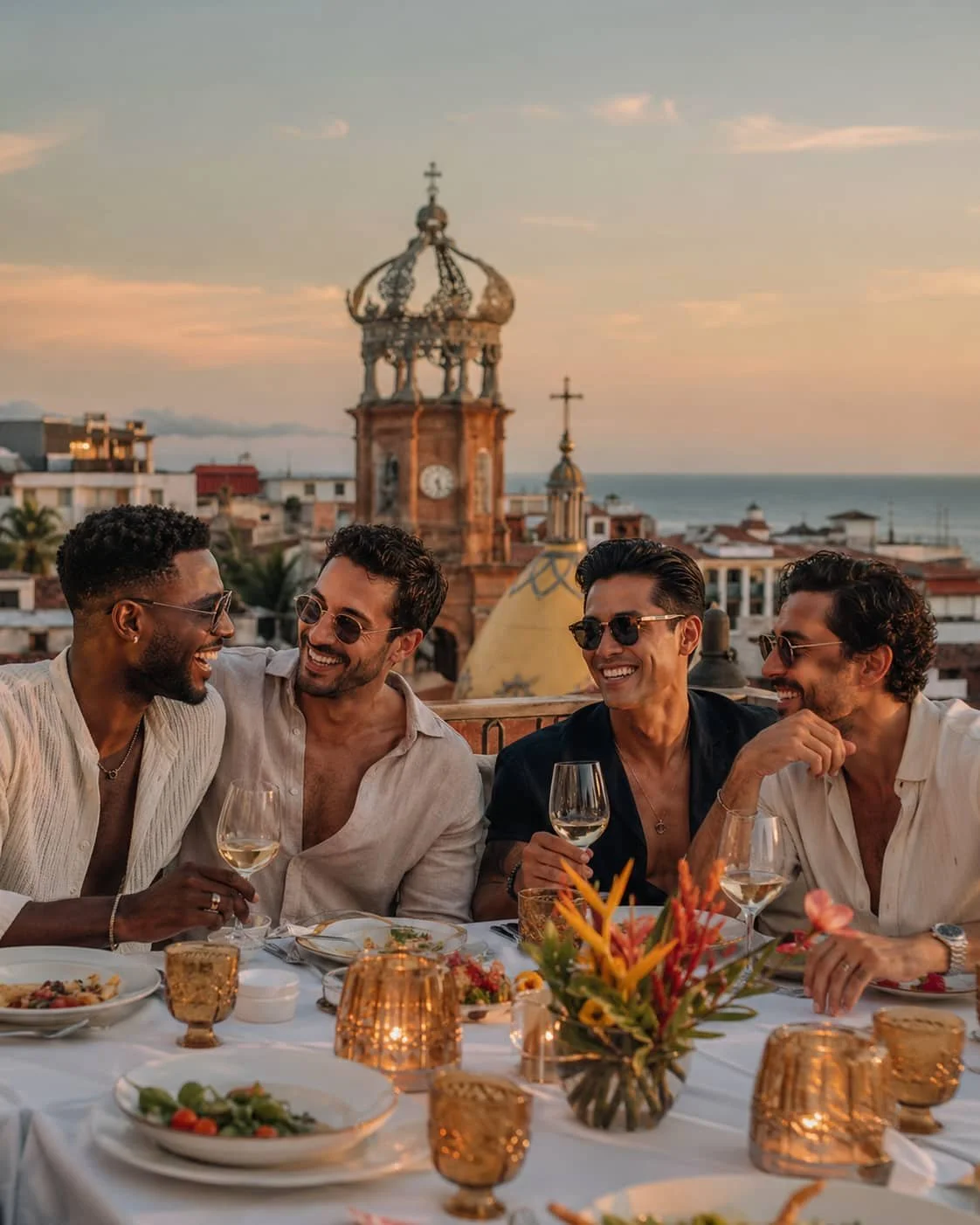 Diverse group of gay travelers sharing a private rooftop dinner in Puerto Vallarta with sunset views during Pride Week.