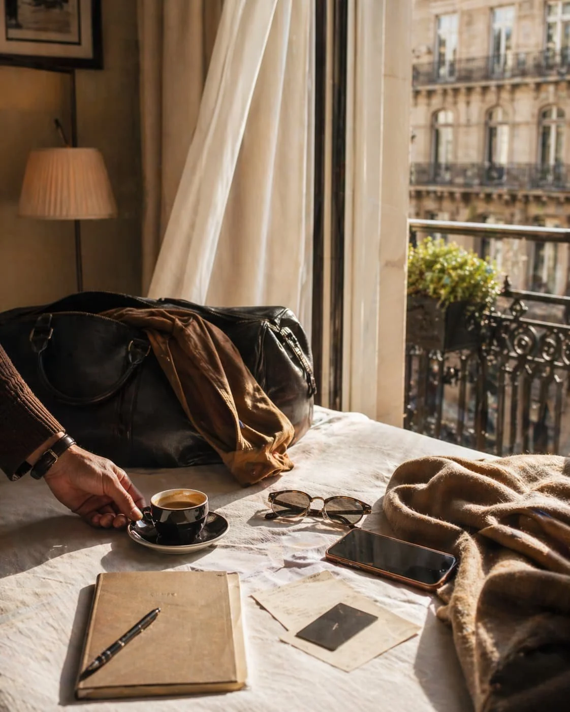 Warm hotel room scene with coffee, notebook, sunglasses, phone, and travel essentials by an open window.
