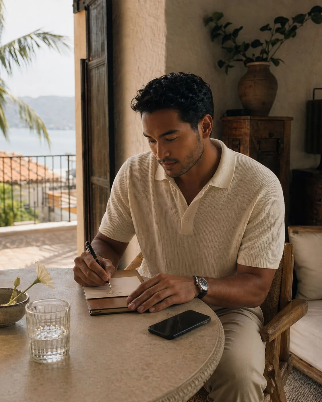 Multiracial man writing a thoughtful note at a table in a warm coastal interior, with a phone, water glass, and Puerto Vallarta bay view nearby.