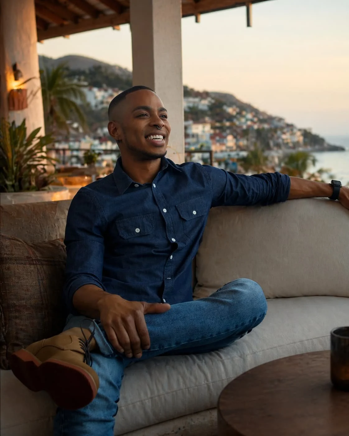 Micah seated on a terrace sofa in Puerto Vallarta, smiling warmly with ocean and hillside views behind him.