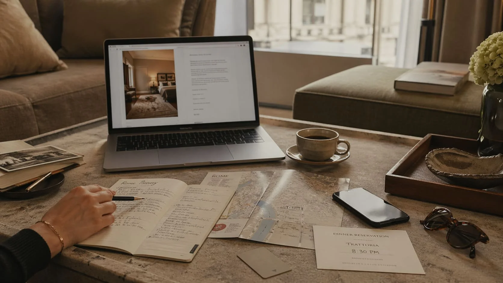 Travel planning materials spread across a hotel lounge table with laptop, map, itinerary notes, and coffee.