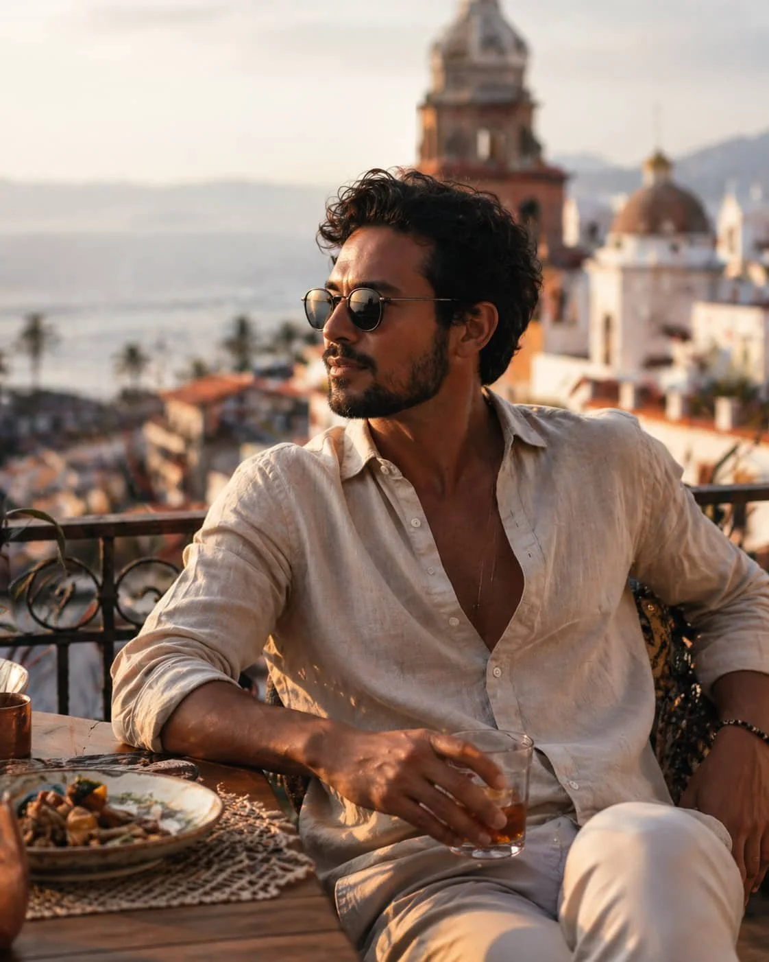Stylish gay traveler enjoying a calm Puerto Vallarta breakfast terrace moment with ocean views during Pride Week.