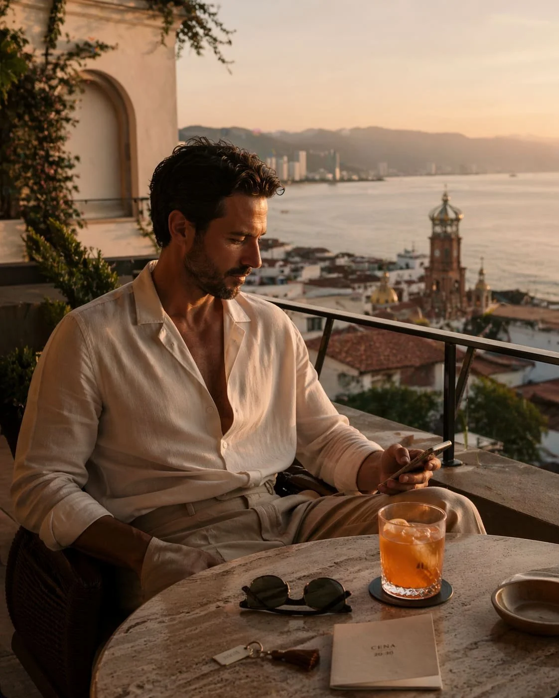 Stylish man seated on a Puerto Vallarta terrace at golden hour, reviewing evening plans with a cocktail and bay view in the background.