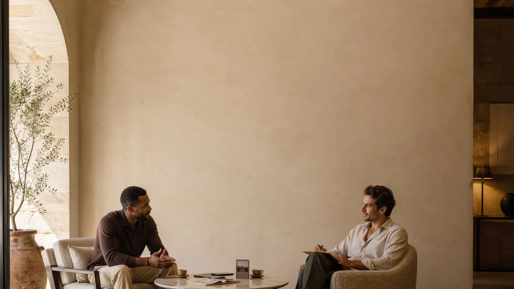 Two men having a relaxed travel consultation in a warm boutique hotel lounge.