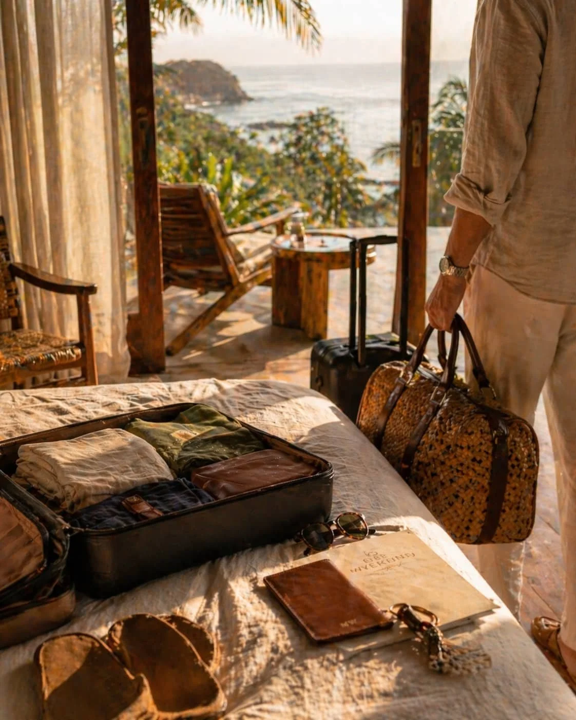 Open suitcase and travel bag in a sunlit coastal room, with a traveler ready to leave for a getaway overlooking the ocean.