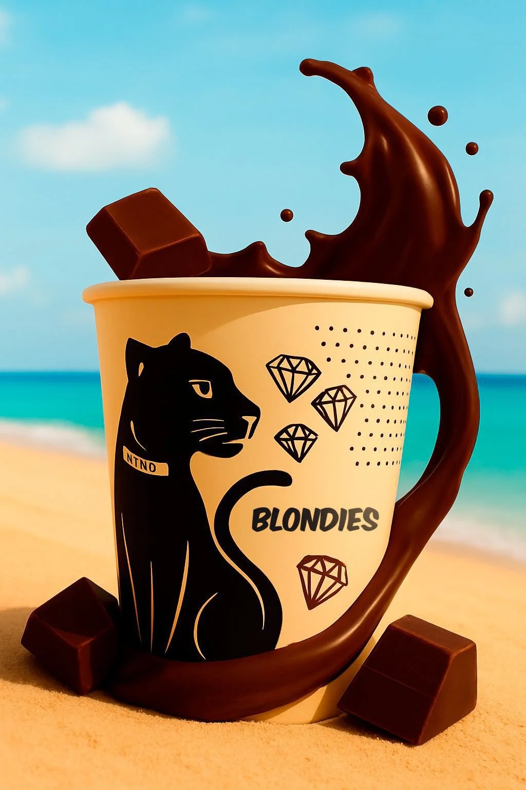 A Big Tease BLONDIE frozen cocktail with chocolate on a beach-inspired background.