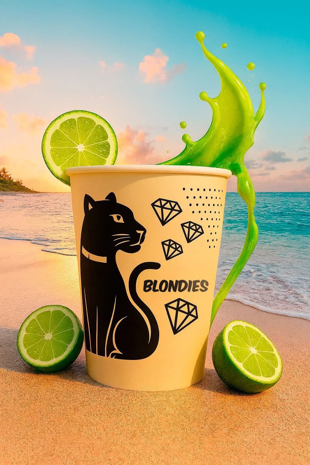 A Platinum BLONDIE frozen cocktail with lime on a beach-inspired background.
