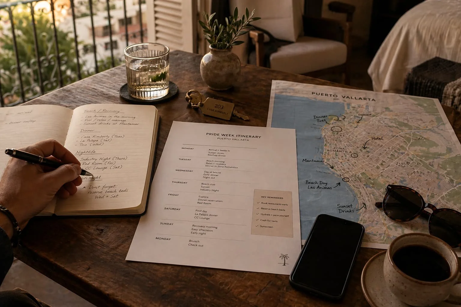 A curated Puerto Vallarta Pride Week plan with notes, map, phone, and sunglasses on a warm hotel room table.