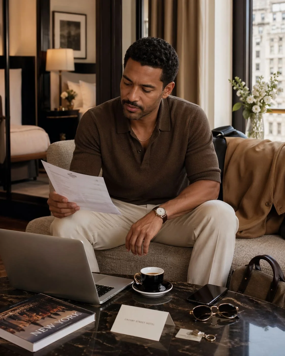 Stylish traveler reviewing trip details in a refined city hotel suite with laptop and coffee nearby.