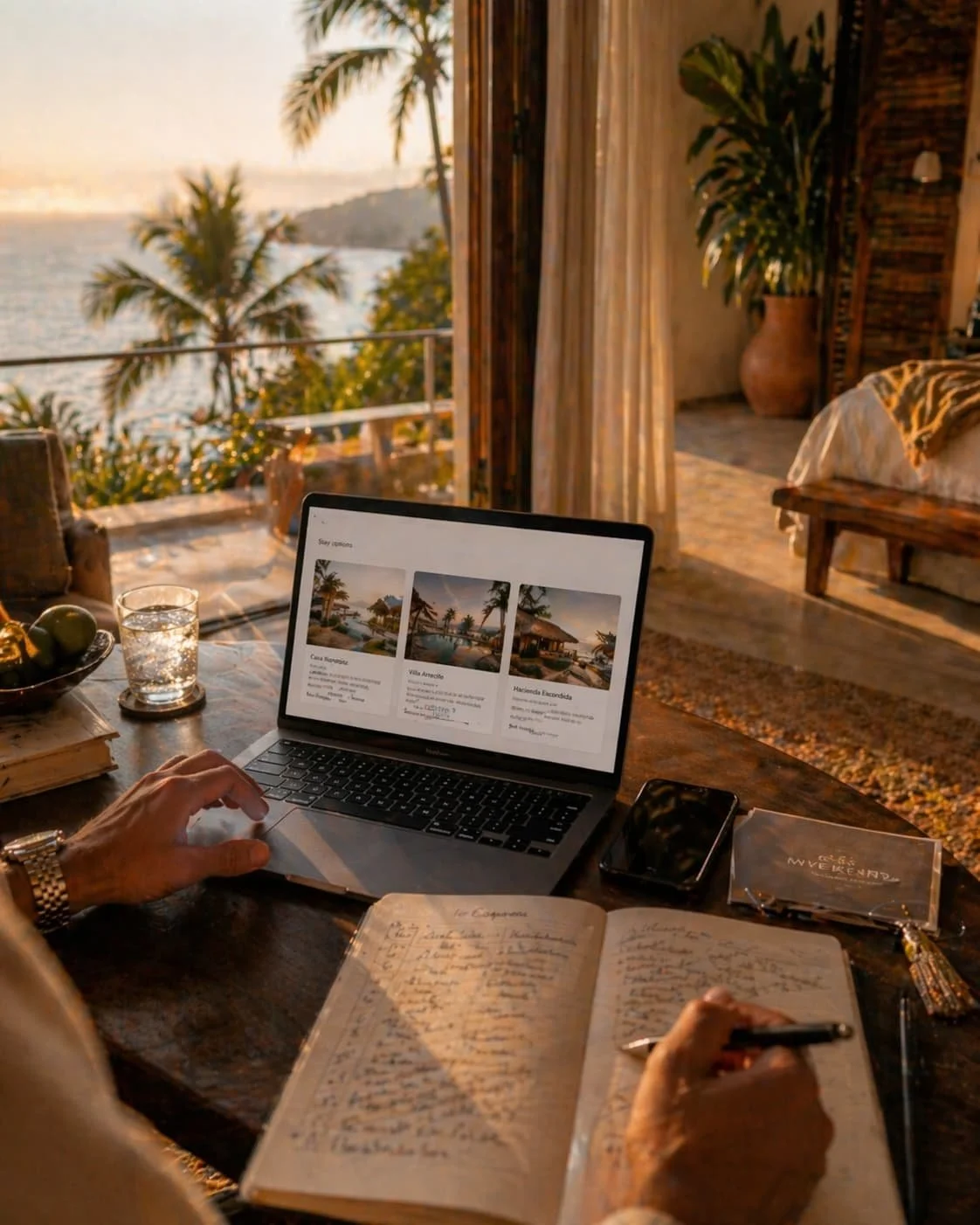 Laptop with travel options open beside a notebook on a bed in a bright coastal room with balcony and ocean view.