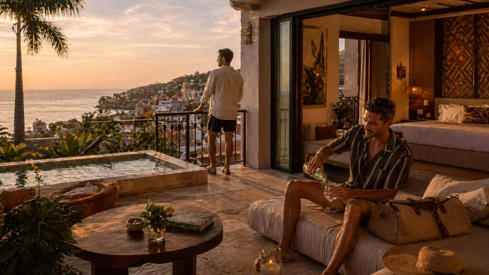 Two men relaxing at a coastal hotel suite terrace with ocean views during golden hour.