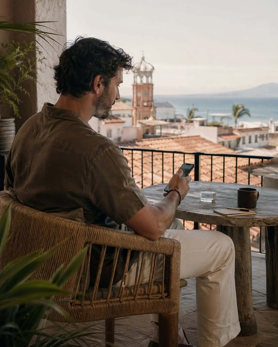 Man seated on a Puerto Vallarta terrace reviewing his phone at a small table with coffee, water, and note cards as he begins planning a trip.
