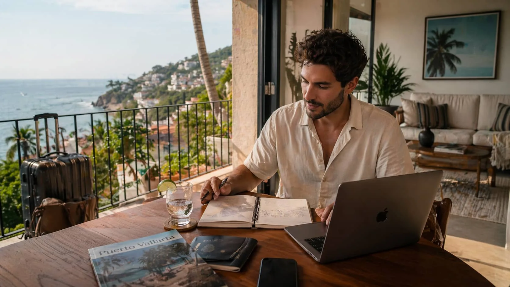 Man planning a trip from a hotel suite terrace with a laptop, notebook, and ocean view in Puerto Vallarta.