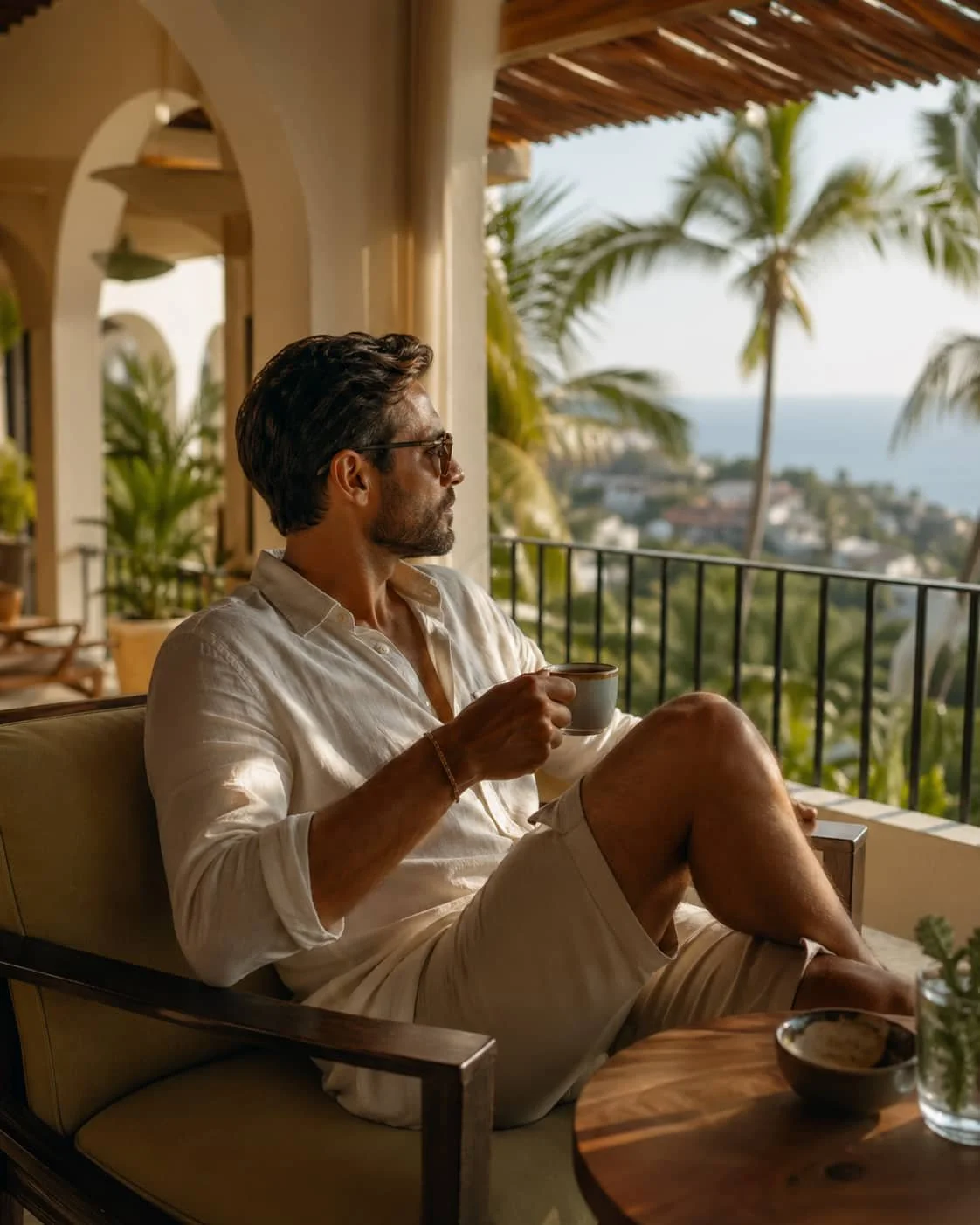 Stylish gay traveler in Puerto Vallarta enjoying a calm, well-planned Pride Week moment with coastal views and warm tropical light.