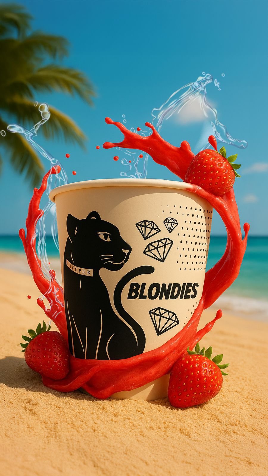 A Strawberry BLONDIE frozen cocktail with strawberries on a beach-inspired background.