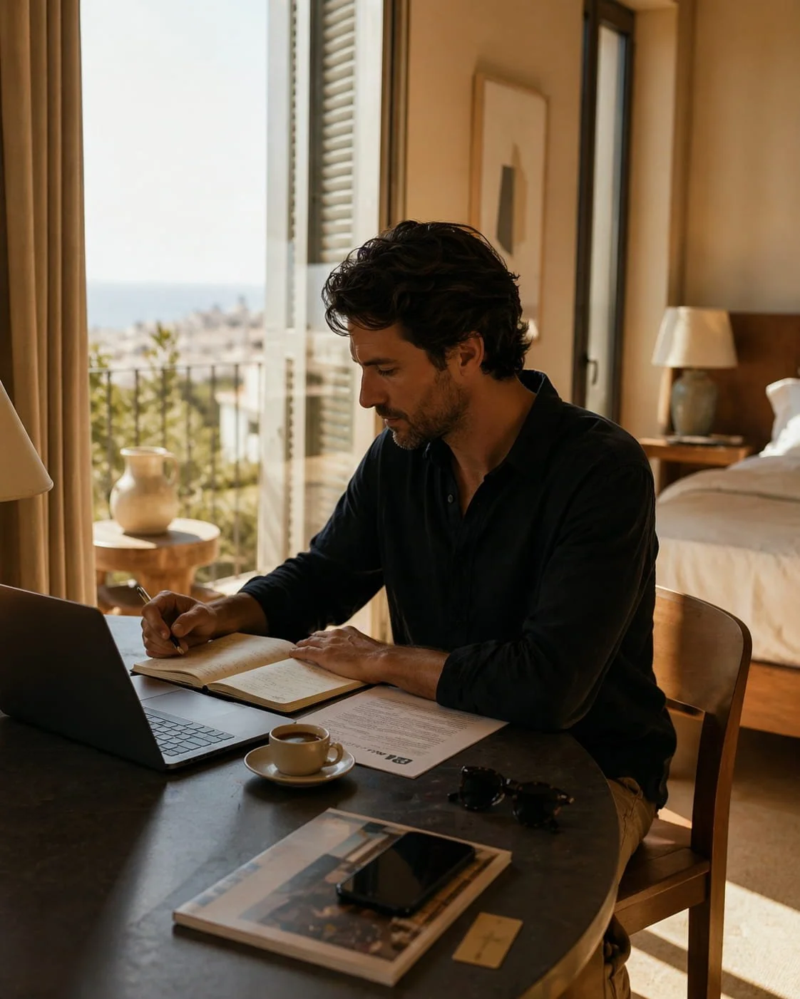 Traveler planning a trip in a sunlit boutique hotel room with laptop, notebook, and coffee.