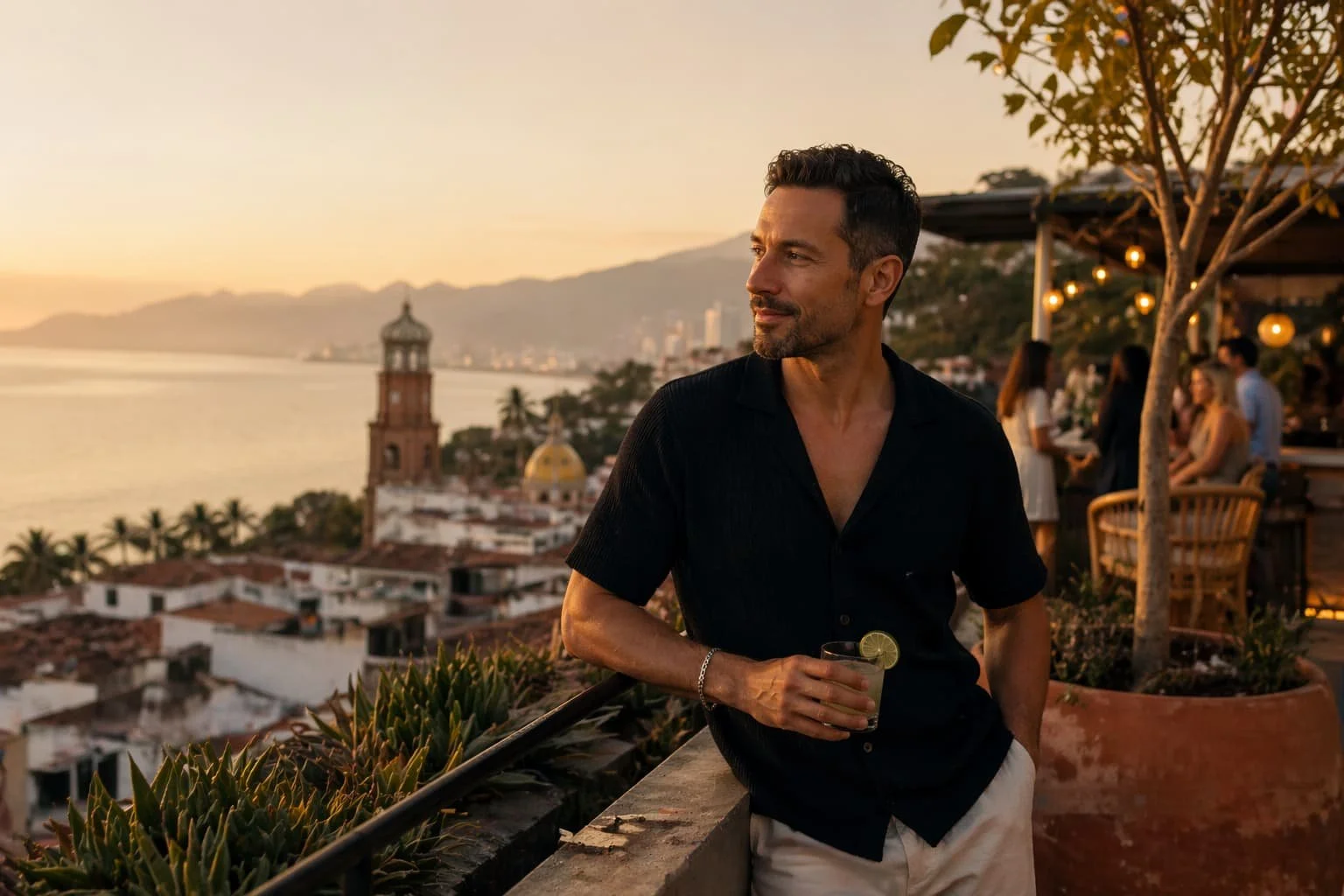 Solo traveler enjoying golden hour on a Puerto Vallarta rooftop terrace with ocean and city views in the background.