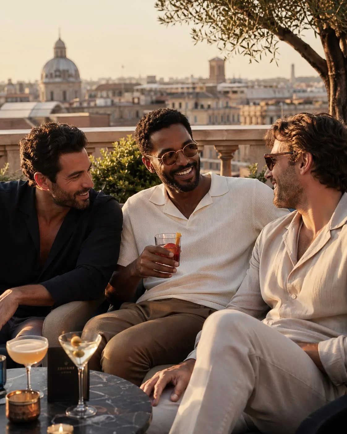 Three stylish men enjoying a relaxed rooftop lounge moment over drinks at golden hour.