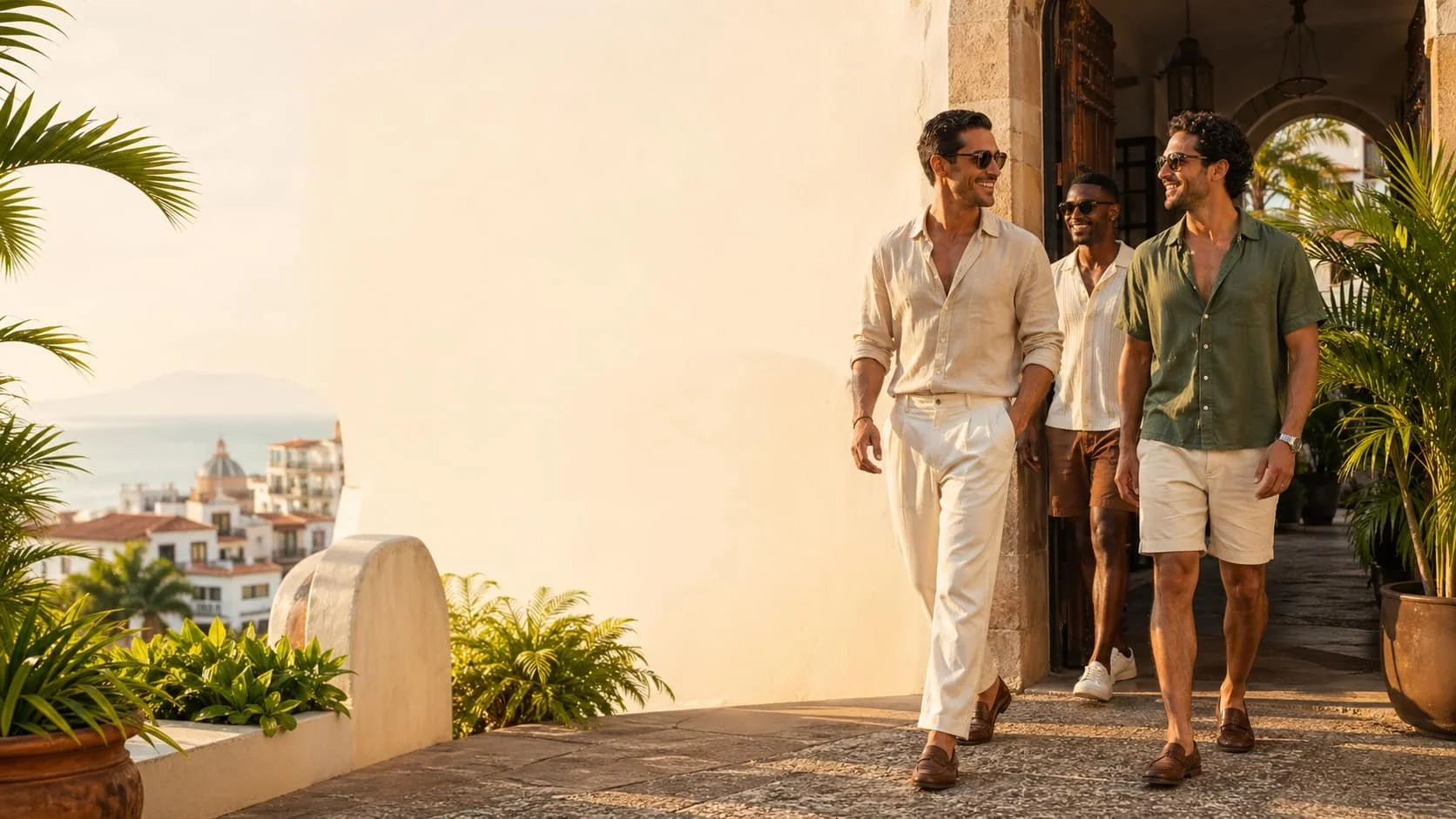 Stylish group of gay travelers leaving a Puerto Vallarta boutique hotel at golden hour, ready for a well-planned Pride Week.