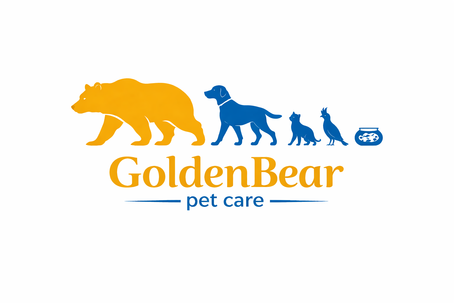 Logo for GoldenBear pet care featuring silhouette illustrations of a bear, a large dog, a cat, a bird, and a fish in blue and gold colors with the text "GoldenBear pet care".