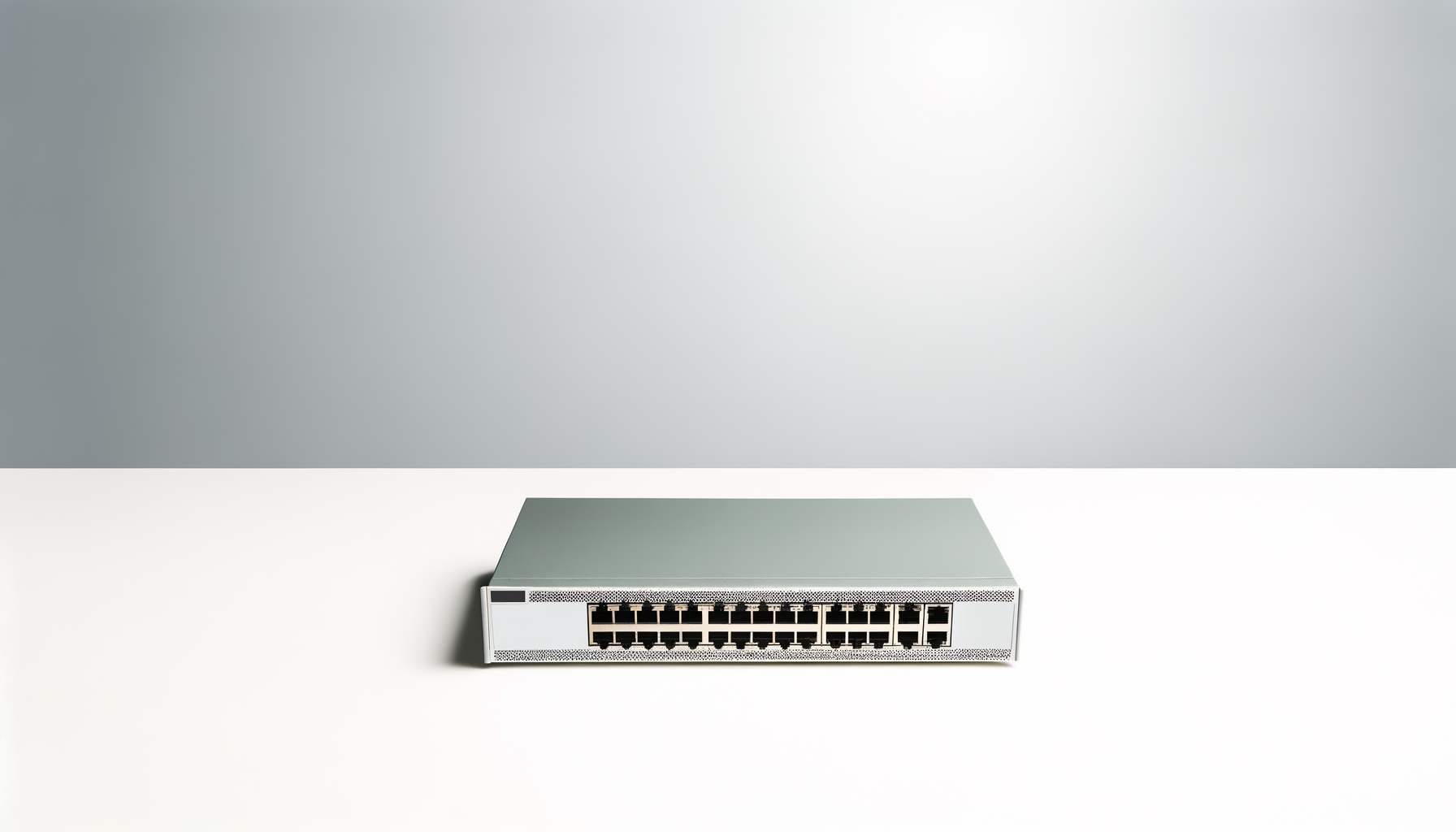A network switch with multiple Ethernet ports on a white surface, against a light grey background.