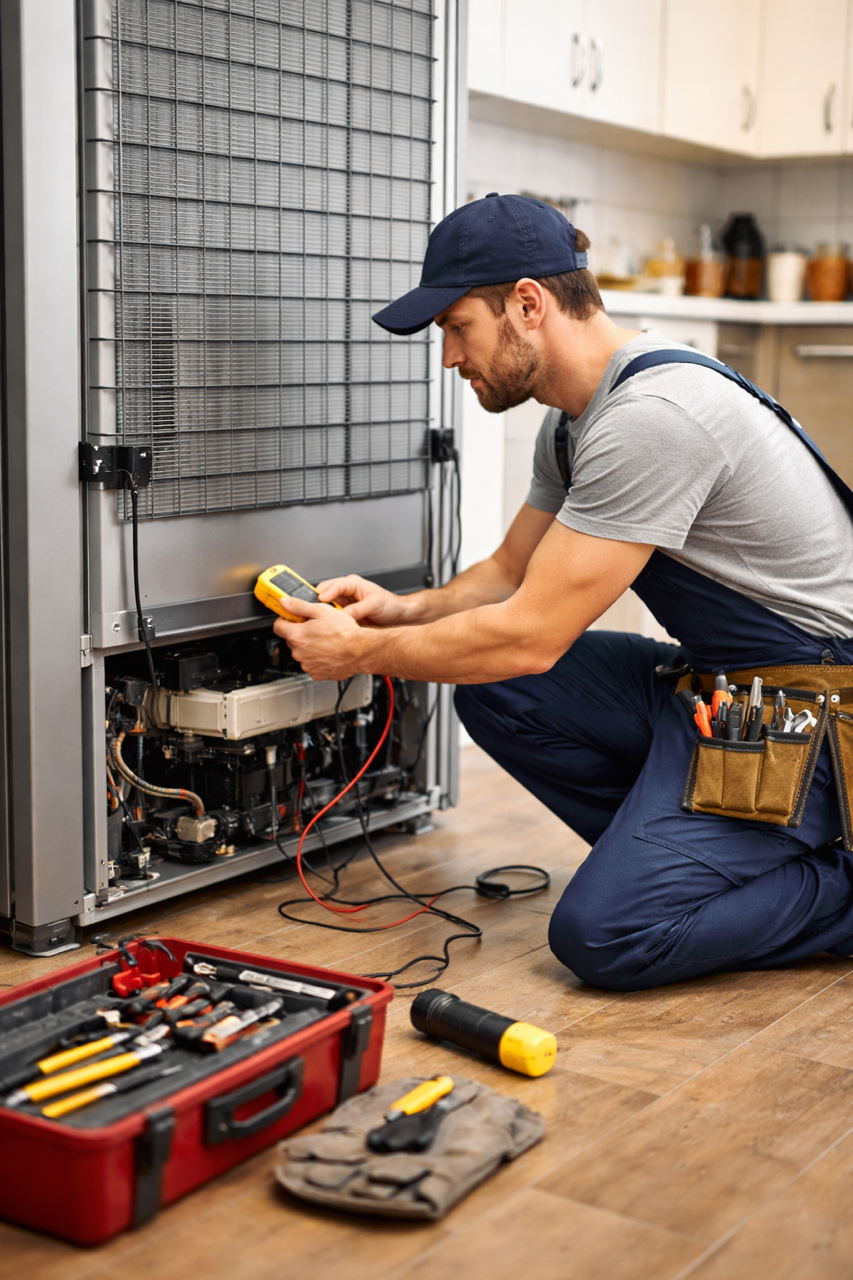 A technician working on an air conditioning unit, using a multimeter to test electrical connections, with tools and equipment laid out on the floor.