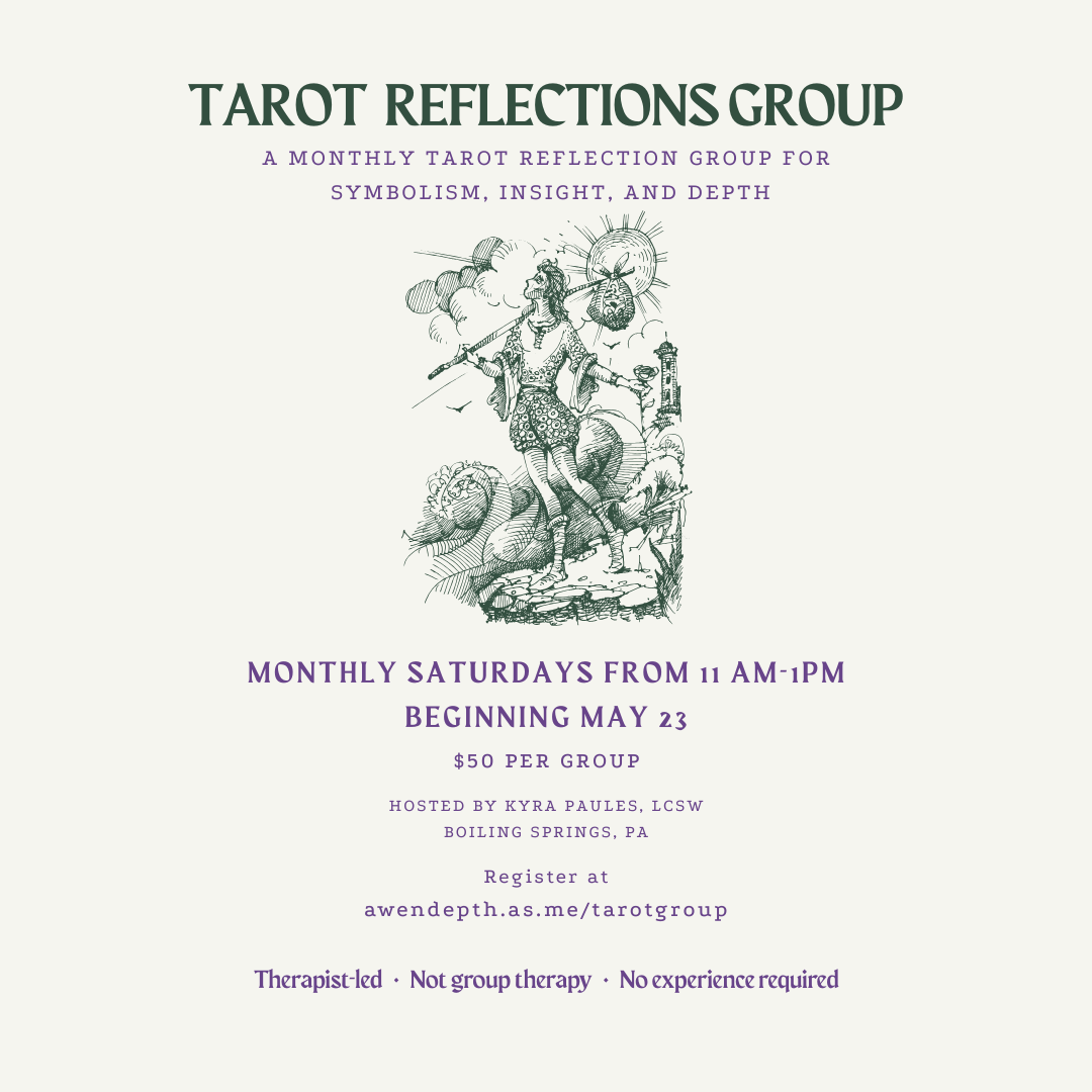 Flyer for Tarot Reflections Group, a monthly tarot reflection group held on Saturdays from 11 am to 1 pm starting May 23, cost $50, hosted by Kyra Paules in Boiling Springs, PA. Features a detailed line drawing of a woman with a staff, surrounded by mystical symbols.