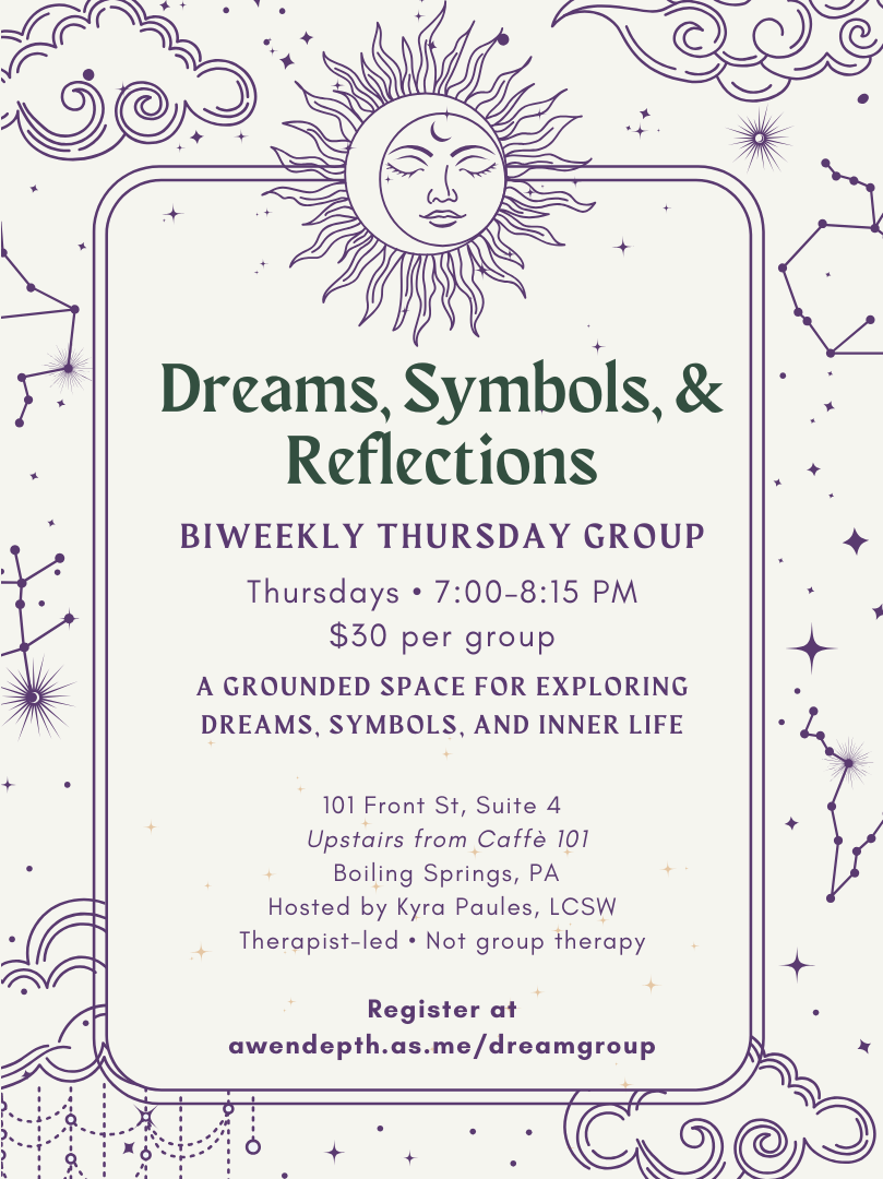 Illustration of a moon with a face, the sun with rays, clouds, stars, and constellations surrounding a flyer for a group titled 'Dreams, Symbols, & Reflections,' with details about the event scheduled for Thursdays at 7:00 to 8:15 PM, held upstairs from Caffè 101 in Boiling Springs, PA, hosted by Kyra Paules, and registration information.