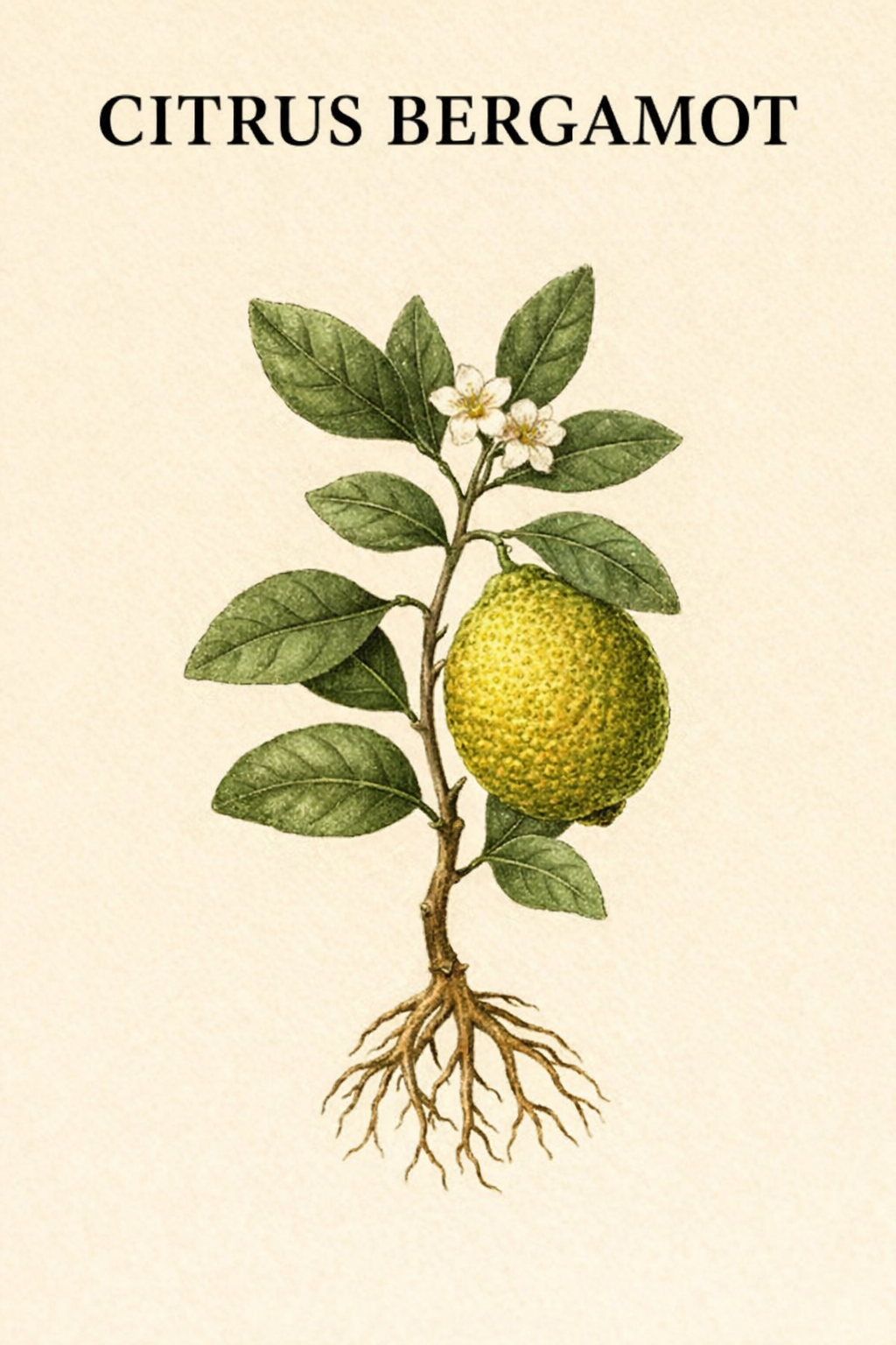 Illustration of a citrus bergamot plant with green leaves, white flowers, a yellow-green fruit, and roots. Text at the top reads "CITRUS BERGAMOT."