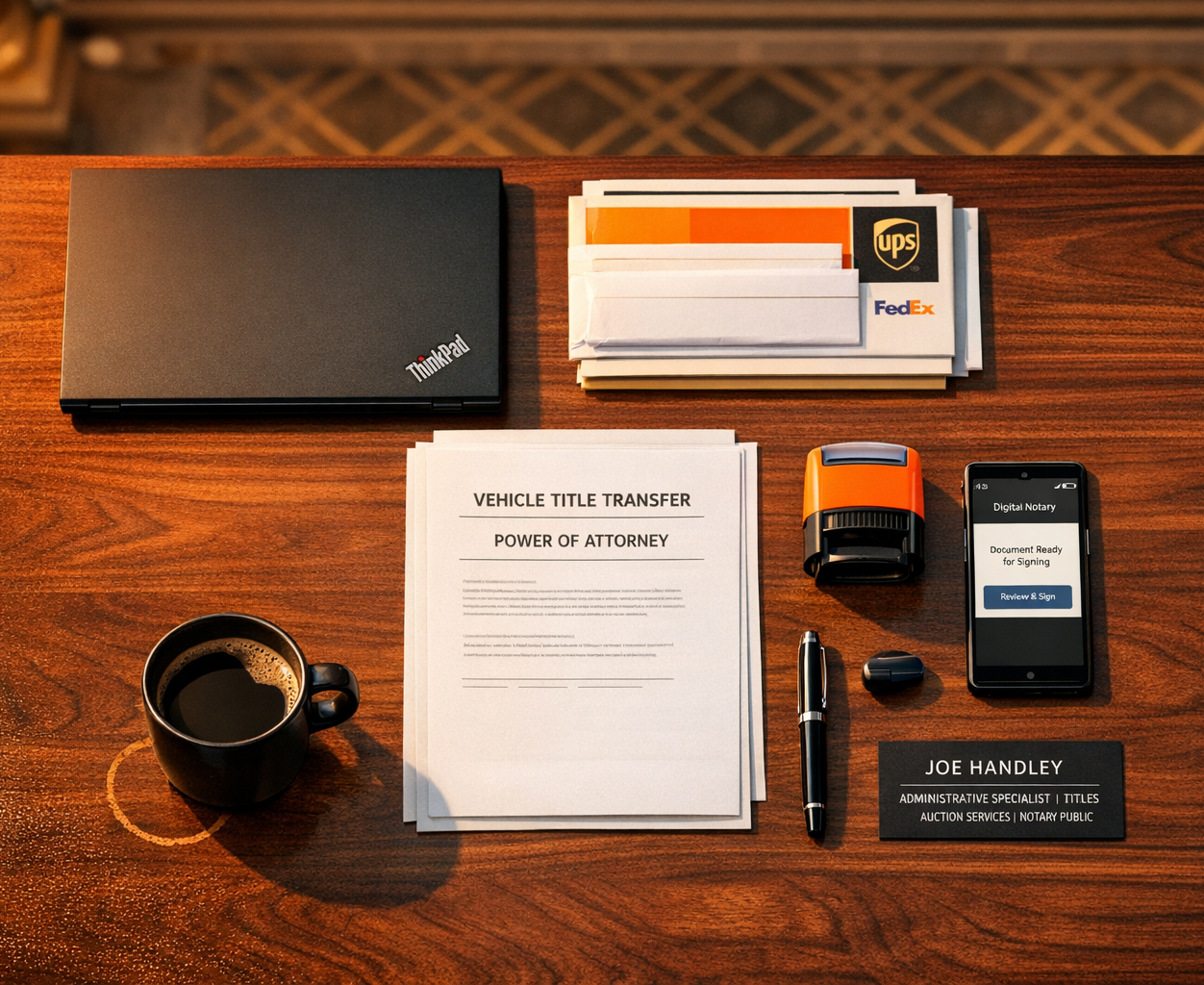 Desk with a closed ThinkPad laptop, vehicle transfer documents, a business card for Joe Handley, a digital notary app on phone, a stamp, a pen, a coffee mug, and some envelopes from UPS and FedEx.