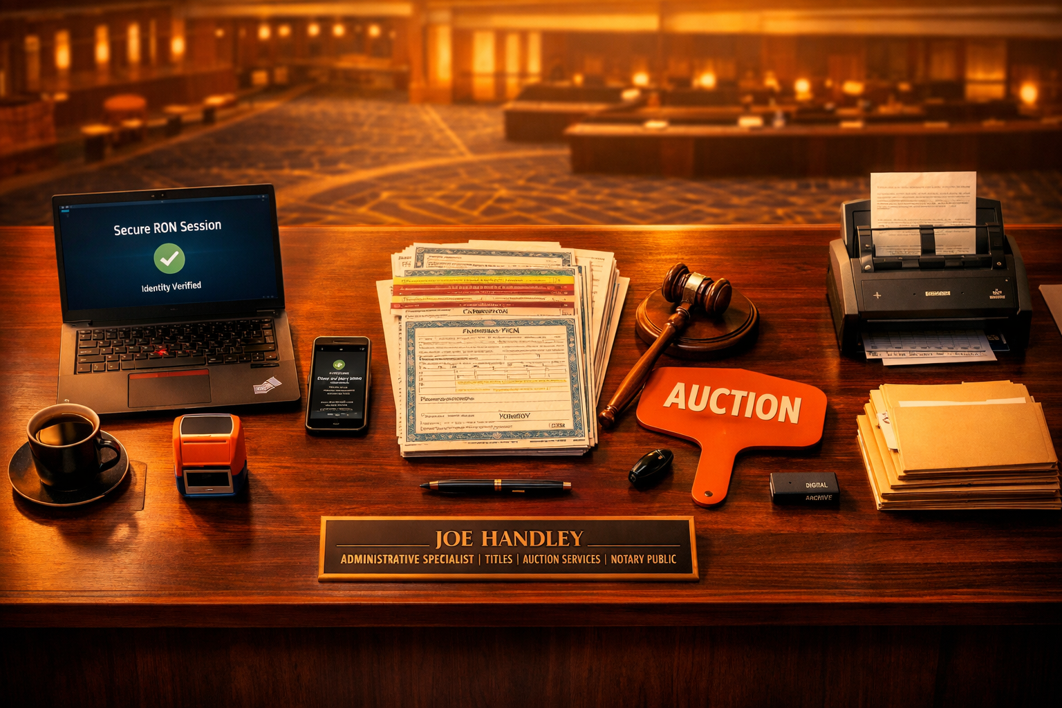 Auctioneer's desk with a nameplate reading 'Joe Handley, Administrative Specialist, Titles, Auction Services, Notary Public', a laptop showing 'Secure RON Session, Identity Verified', a smartphone, a gavel, a stack of documents, an auction paddle, a printer with papers, a roll of tape, a cup of coffee, and an orange stamp.