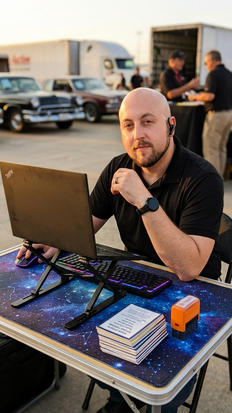 A man with a headset and smartwatch sitting at a table with a laptop, keyboard, mouse, and stacks of papers in an outdoor setting with vintage cars, trucks, and people in the background.