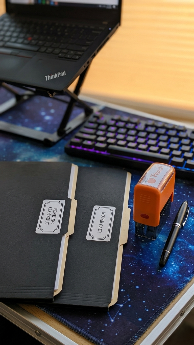 Desk workspace with a black Lenovo ThinkPad laptop, two black notebooks labeled "PENDING CLOSEOUT" and "NOTARY ACT," an orange Peach eraser, a black pen, a mechanical stand holding a smartphone, a computer keyboard with purple backlighting, and a blue galaxy-themed mouse pad.