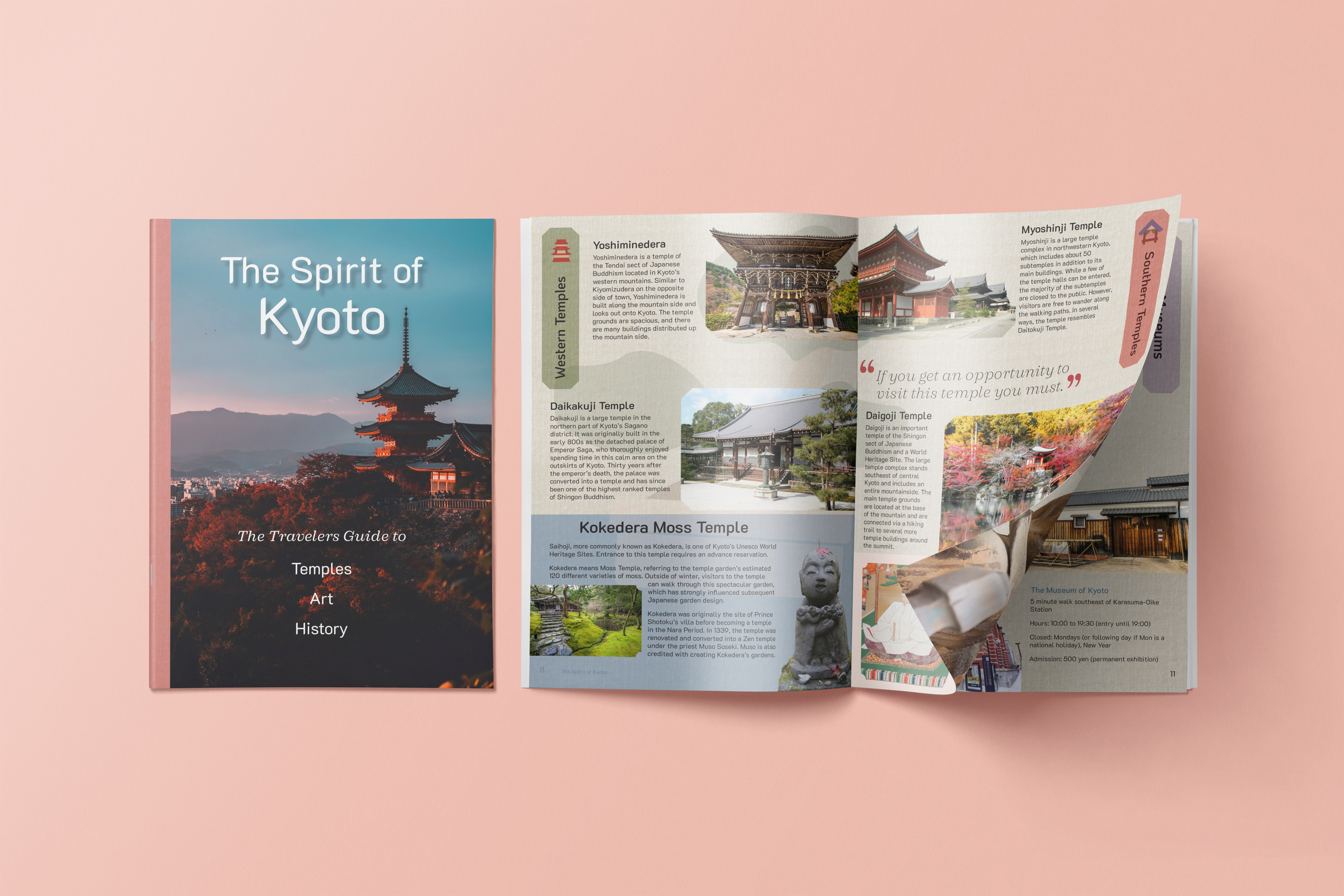 The front cover of the city guide next to an open book, flipping through the pages.