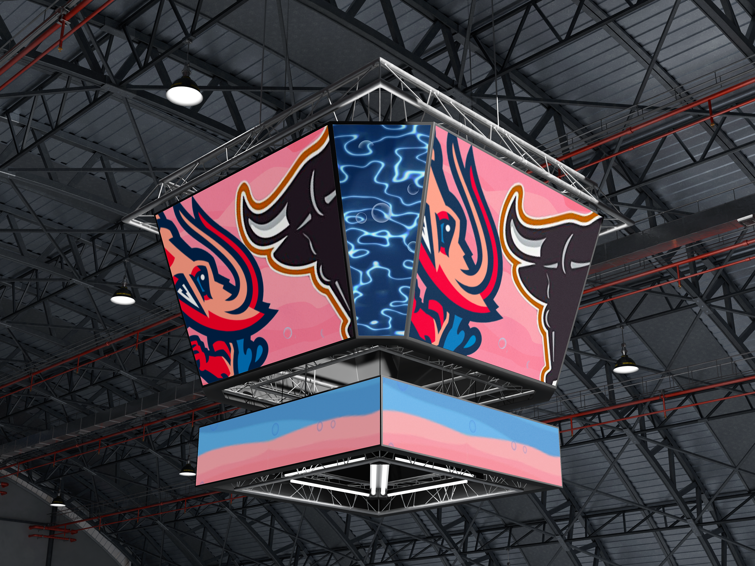 Stadium jumbotron showing the jumbo shrimp and bull mascots. The ribbon on the bottom is pink and blue.