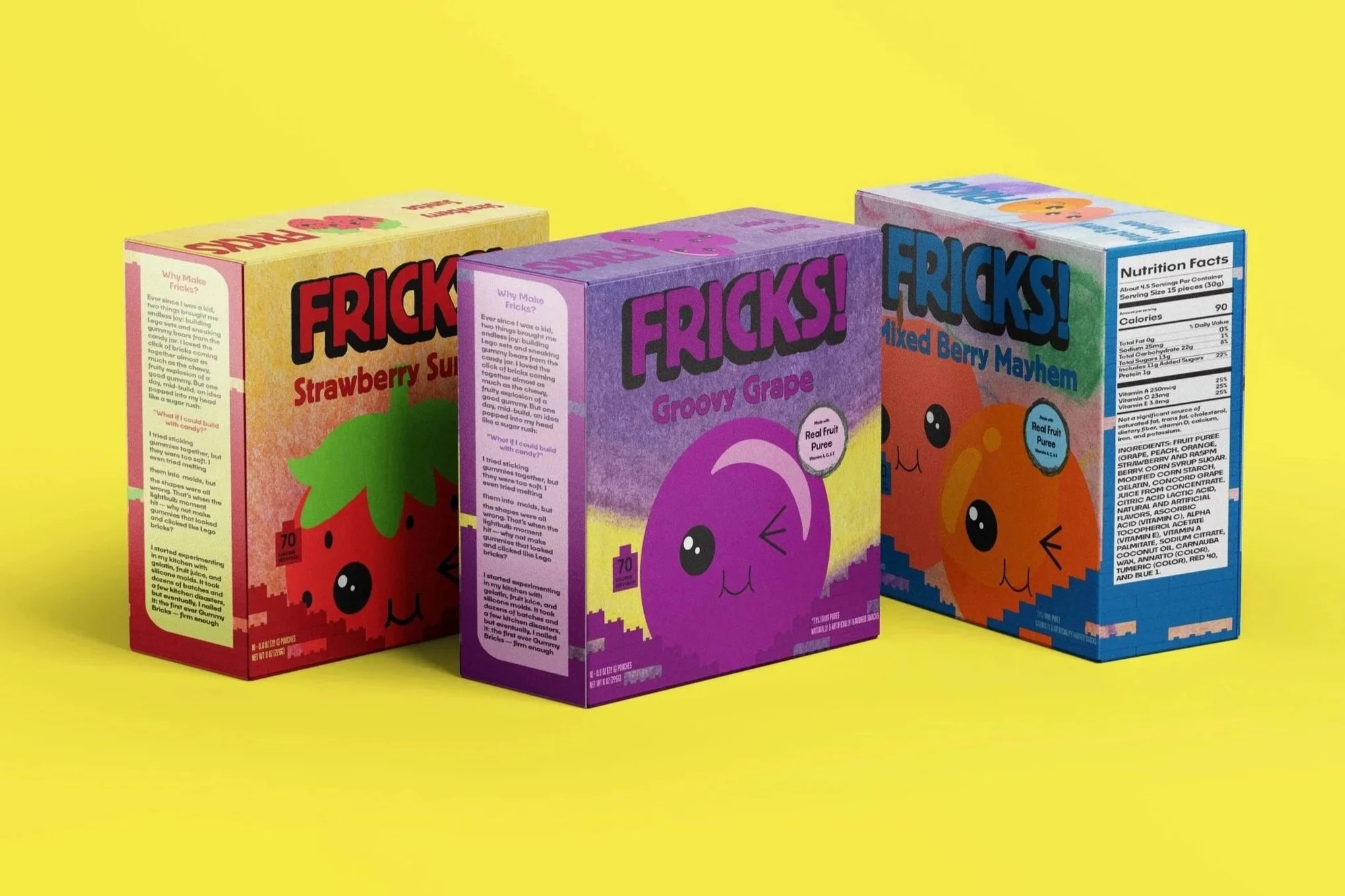 Three boxes next to each other. One is red, one is purple, one is blue.