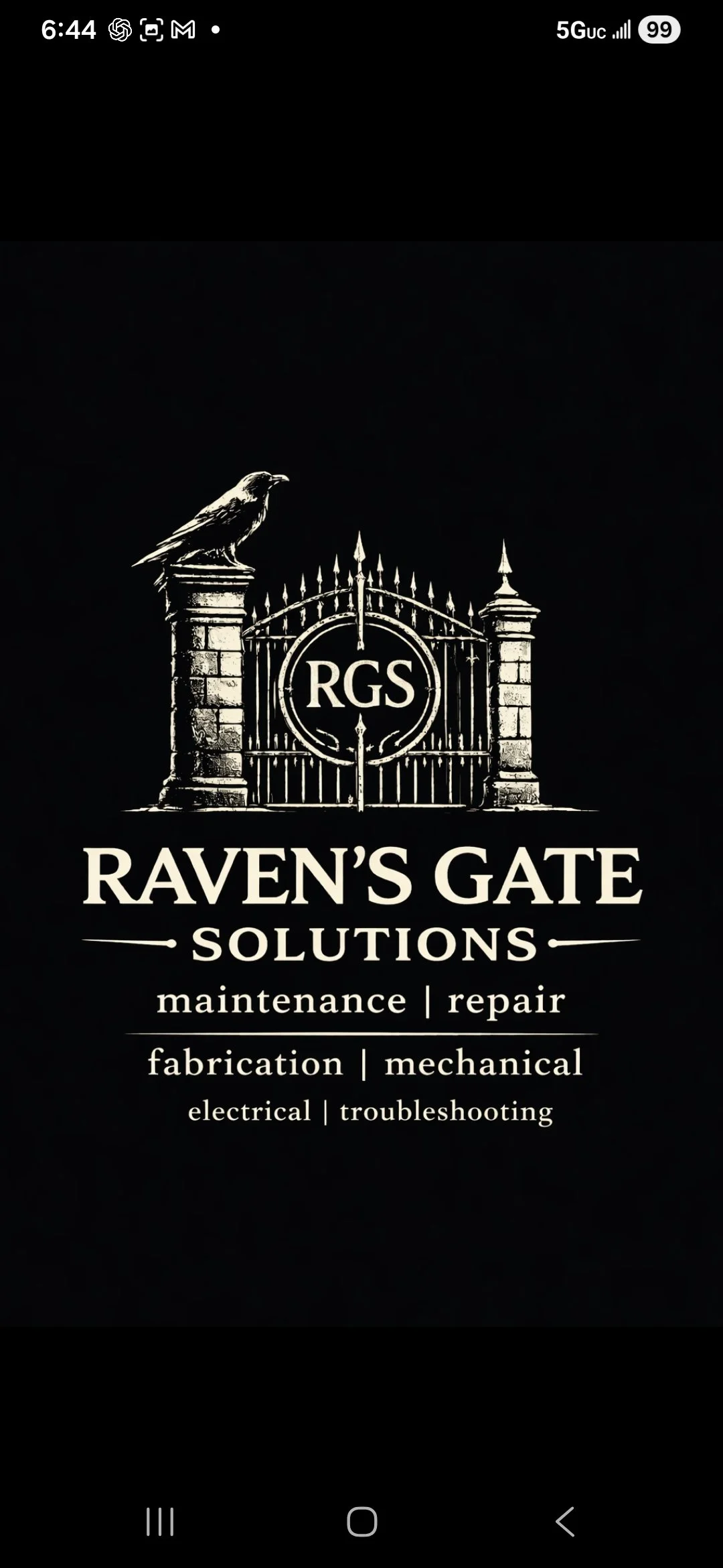 Business card for Raven's Gate Solutions, featuring a gate with a raven perched on top and the initials RGS, offering services in maintenance, repair, fabrication, mechanical, electrical, and troubleshooting.
