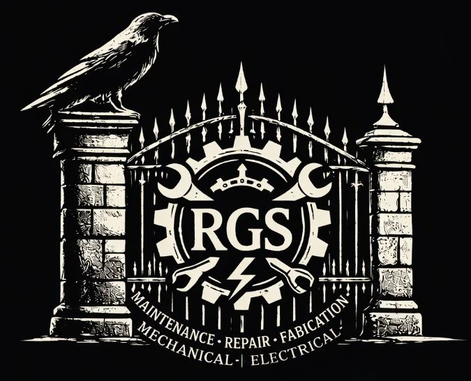 Black and white illustration of a gate with stone pillars, a crow perched on the left pillar, and the letters "RGS" in the center. Text below reads "Maintenance, Repair, Fabrication, Mechanical, Electrical."