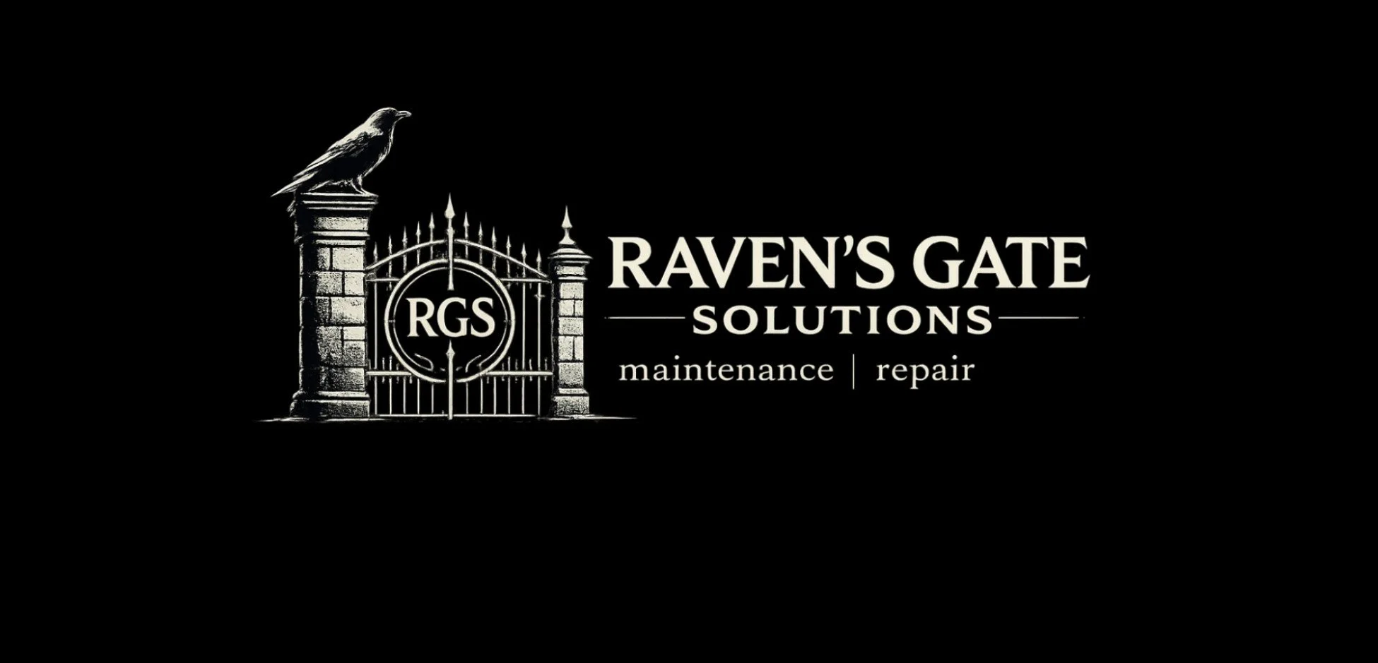 Logo for Raven's Gate Solutions featuring a wrought iron gate with a raven perched on a stone pillar, the text "Raven's Gate Solutions," and services listed as maintenance and repair.
