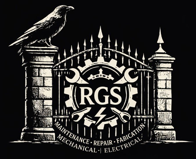 A black and white graphic design with a crow perched on an ornate gate, featuring a central emblem with "RGS" and symbols for maintenance, repair, fabrication, mechanical, and electrical work.