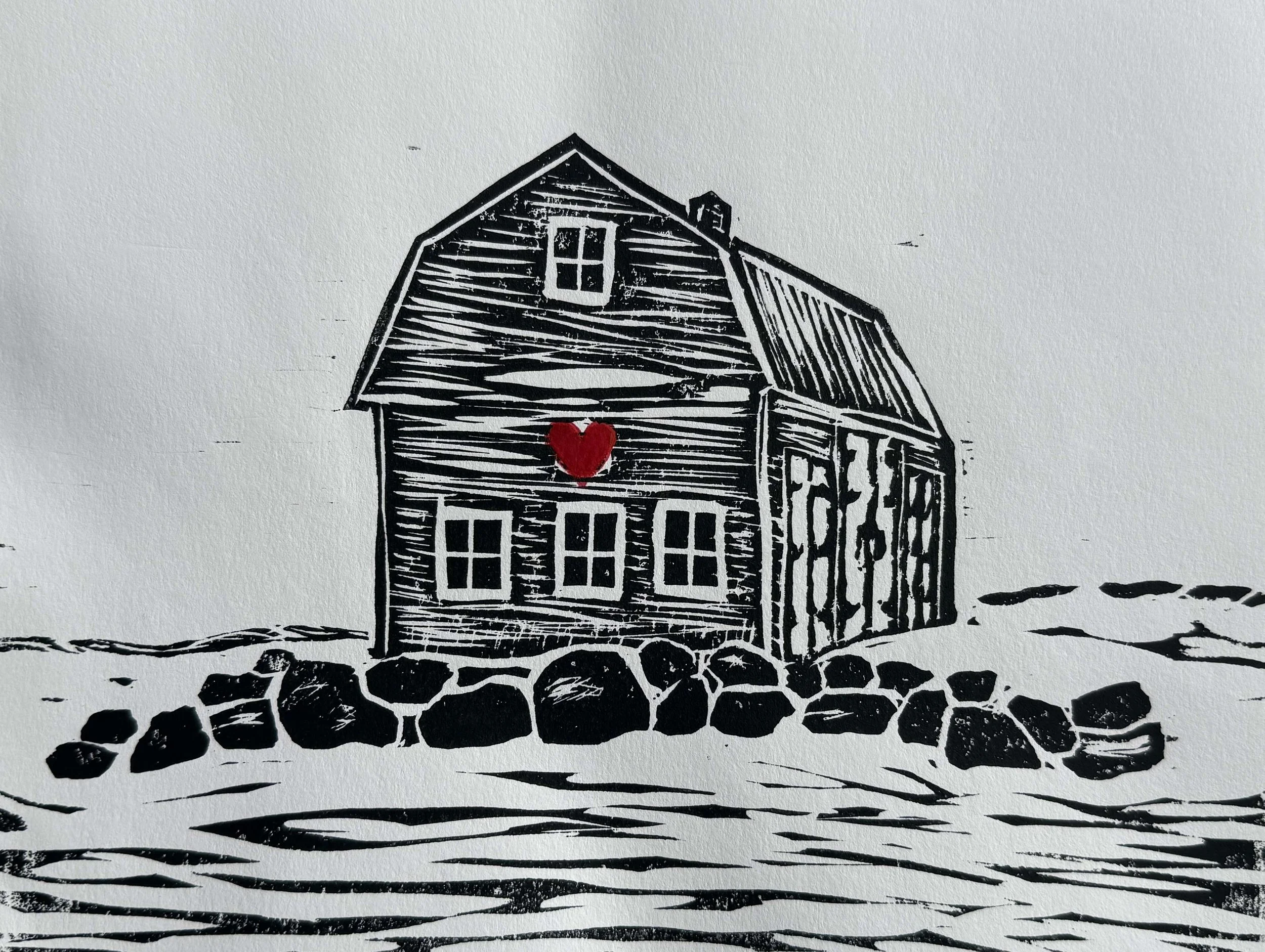 lino print of barn and stonewall with a heart on the barn