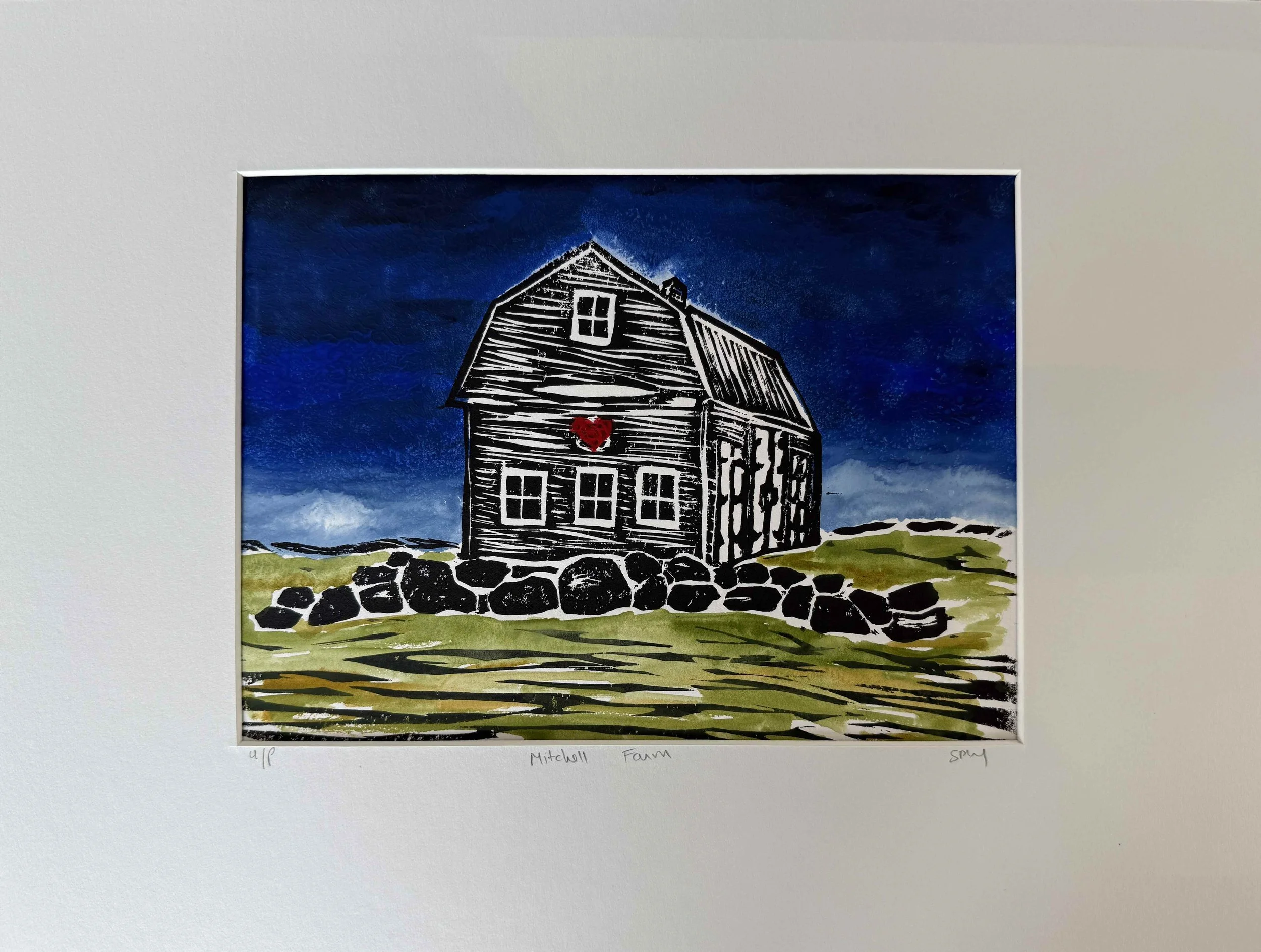Adrian's Barn Monoprint + Linoprint