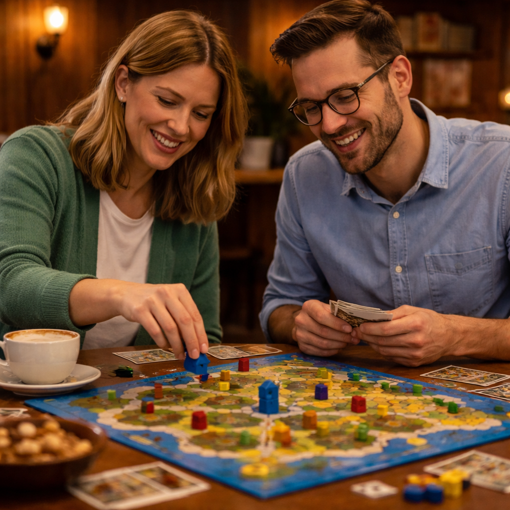 To personer spiller brætspil ved et bord i en hyggelig, indbydende stue. Der er en kop kaffe og en skål med nødder på bordet. Begge smiler og ser ud til at have det sjovt.