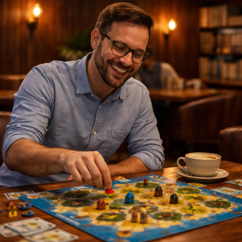 En glad mand spiller strategispil ved et bord i en hyggelig, træbeklædt café med bøger på hylderne.