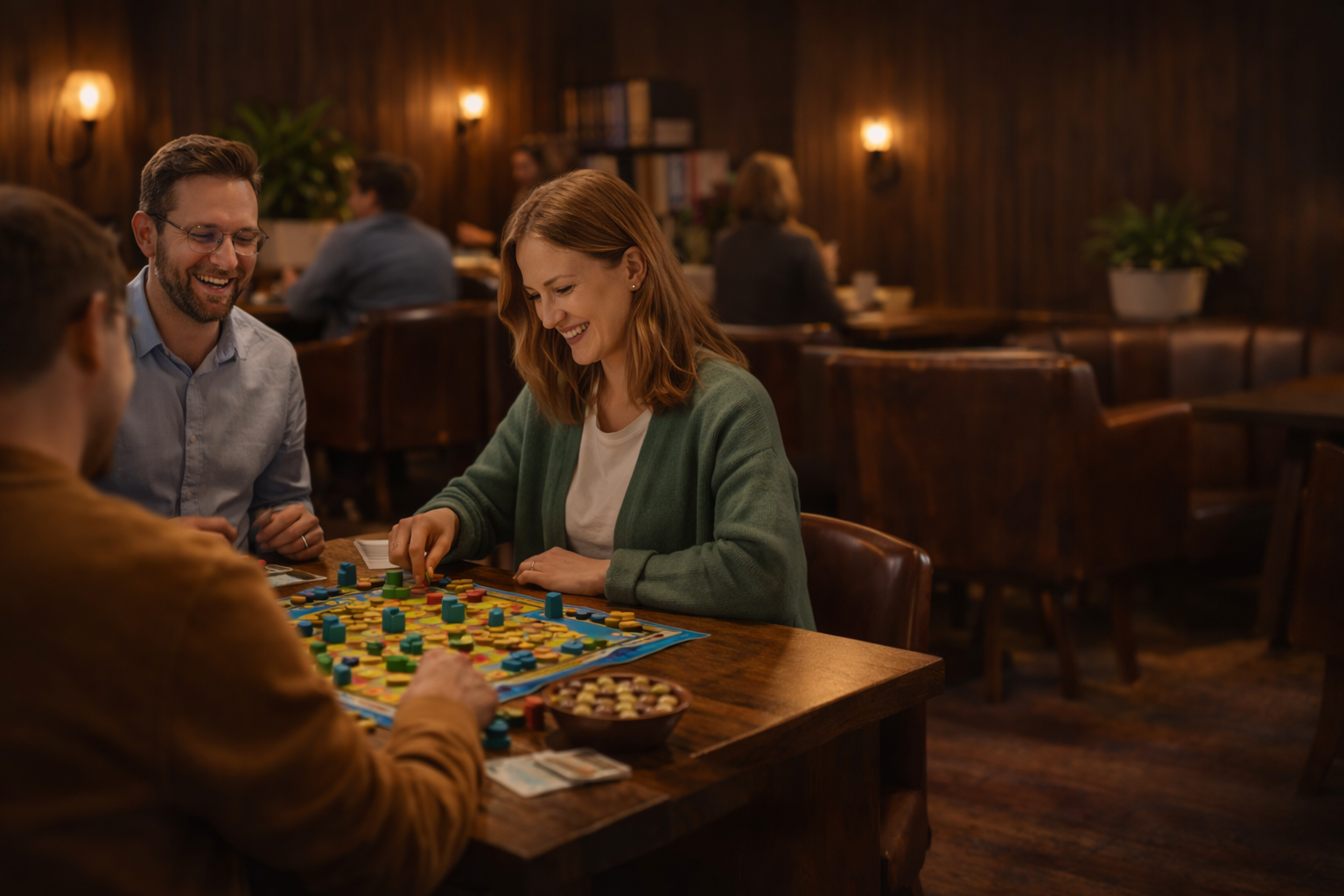 Tre personer spiller brætspil i en hyggelig, varm indrettet café eller restaurant.