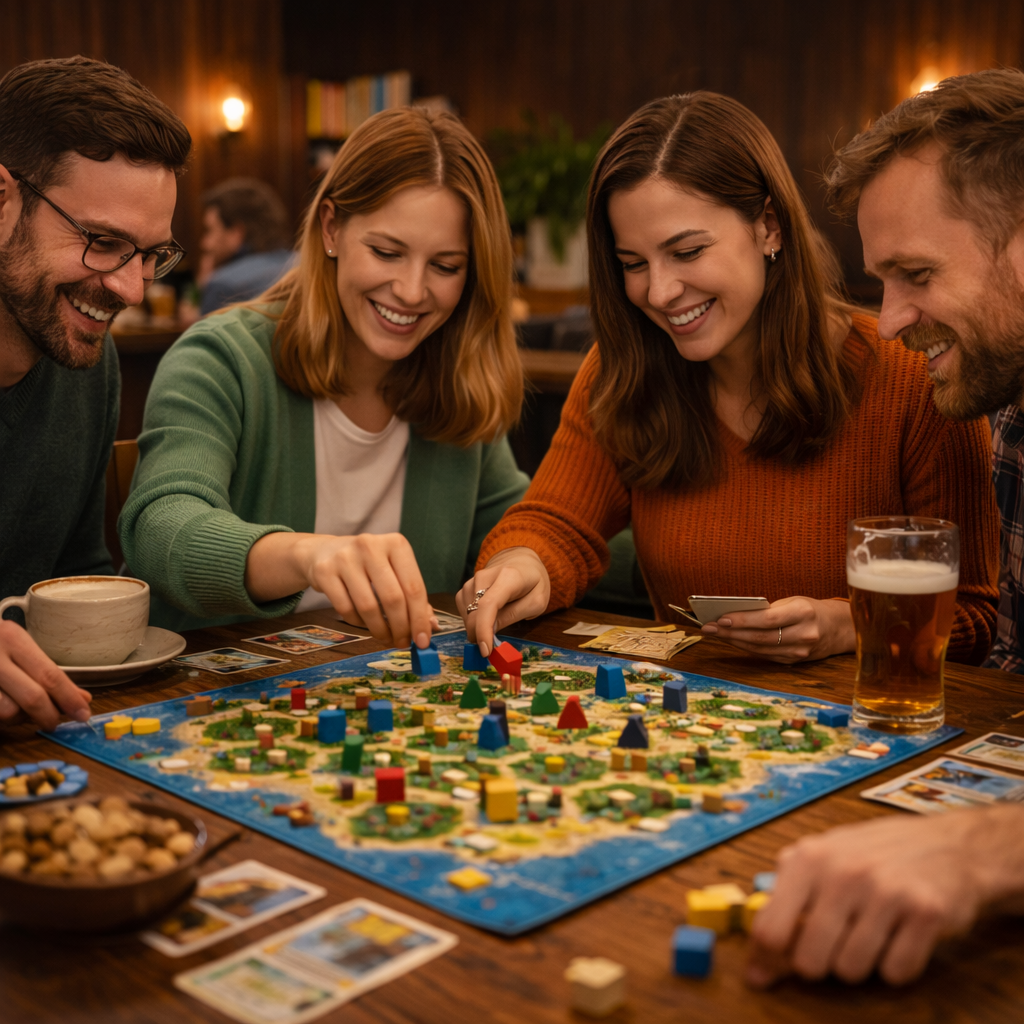 Fire voksne spiller et brætspil med farverige brikker i en hyggelig café.