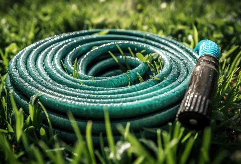 Coiled green garden hose on grass with sunlight reflecting off it.