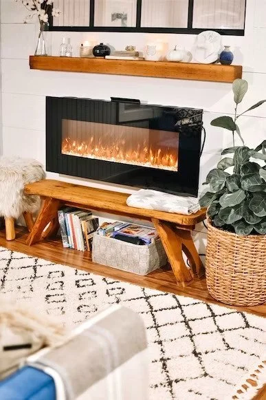 Living room with a modern fireplace, wooden shelf with decorative items, large potted plant, and a patterned rug.