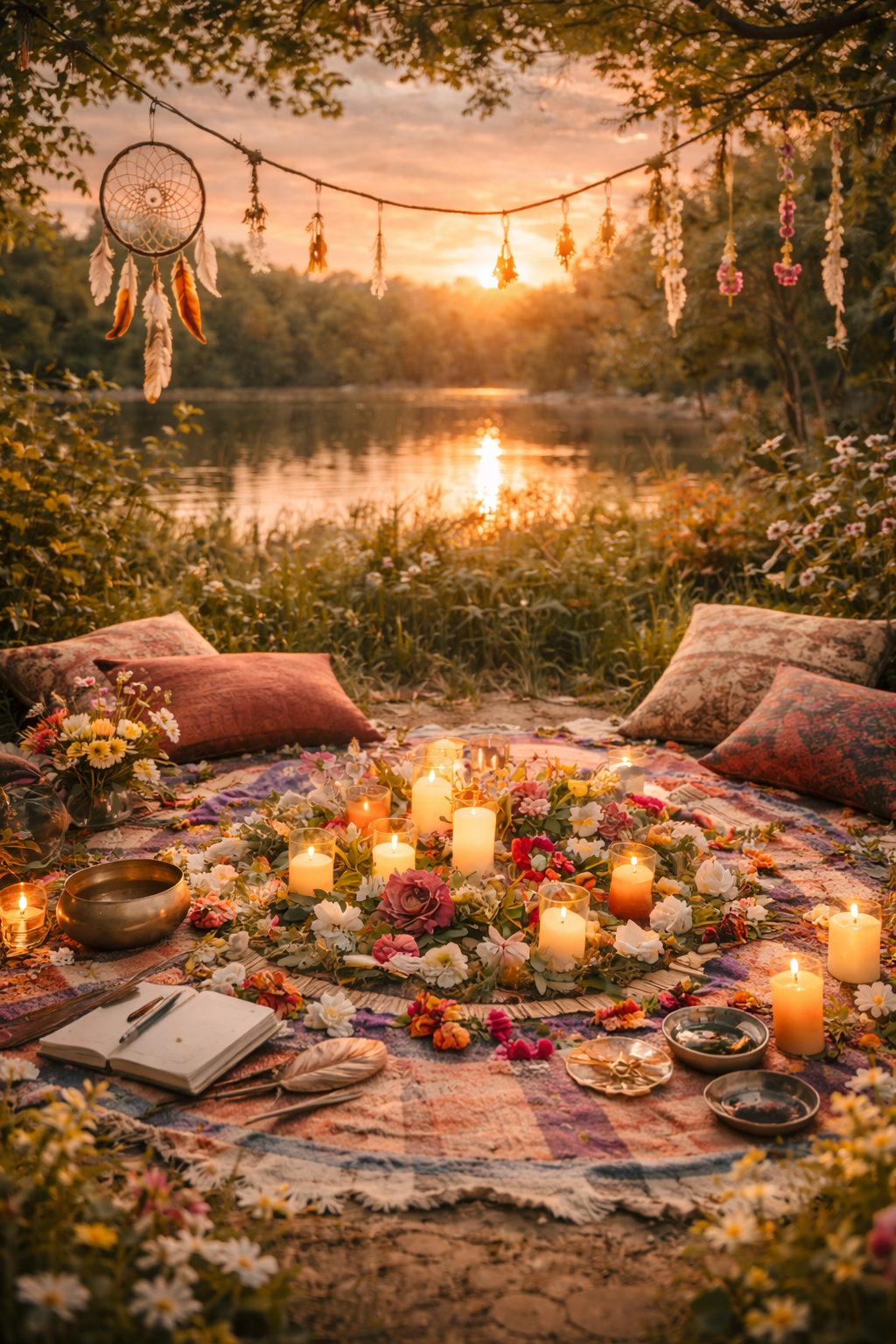 Un décor  en plein air dans la nature, avec des coussins, des bougies, des fleurs, un carnet et des plumes sur un tapis. Des attrape-rêves et des fleurs suspendues décorent la scène. Un décor pour accueillir les cercles de femmes.
